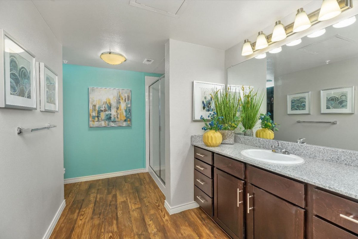 A modern bathroom with wooden floors, a large mirror, and potted plants.