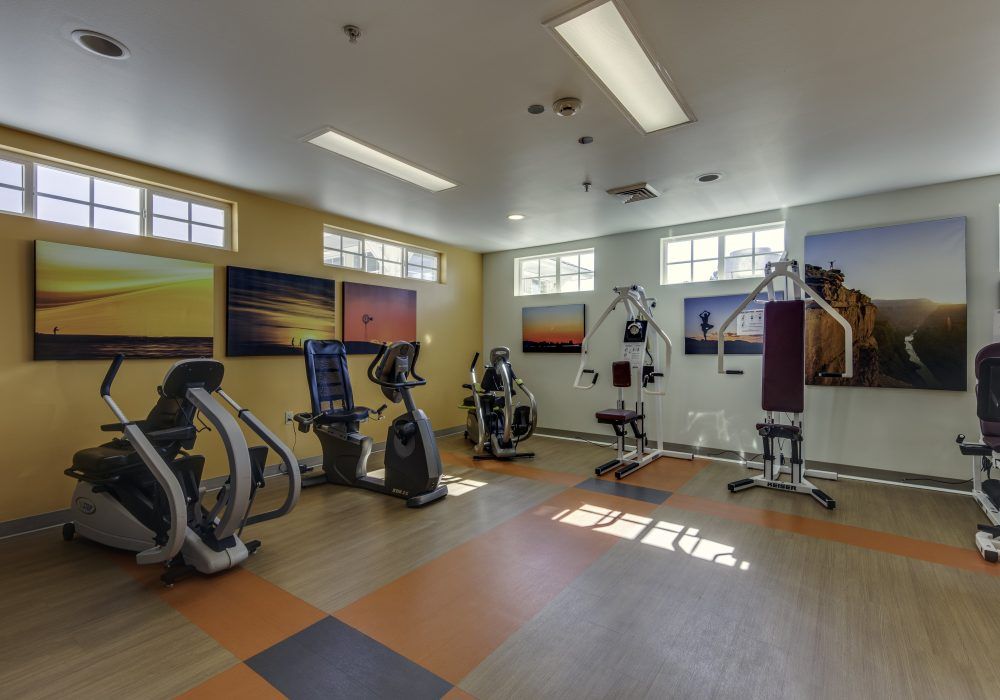A well-equipped gym with various exercise machines in a bright, welcoming space.