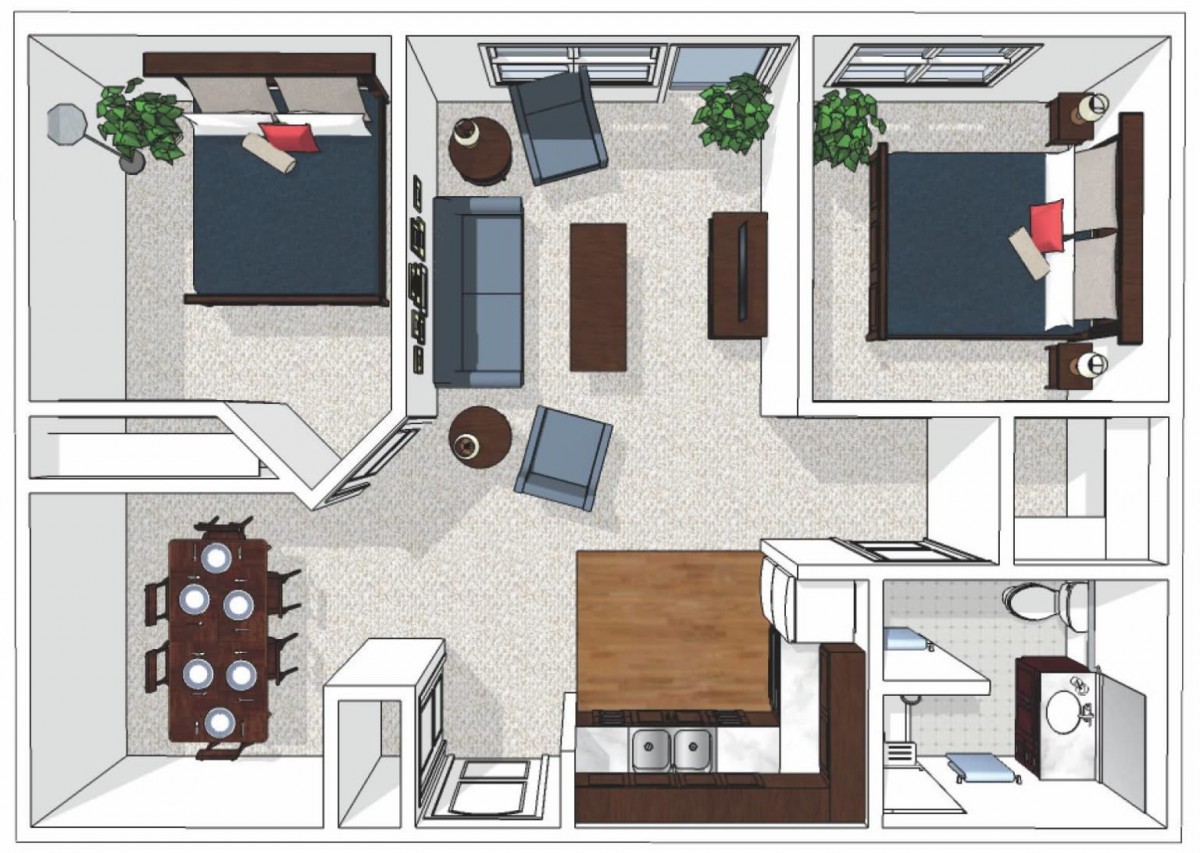 A floor plan of a two-bedroom apartment with a kitchen, living room, and dining area.