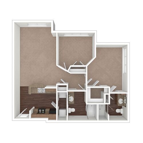 A 3D floor plan of an apartment showing the layout of rooms and spaces.