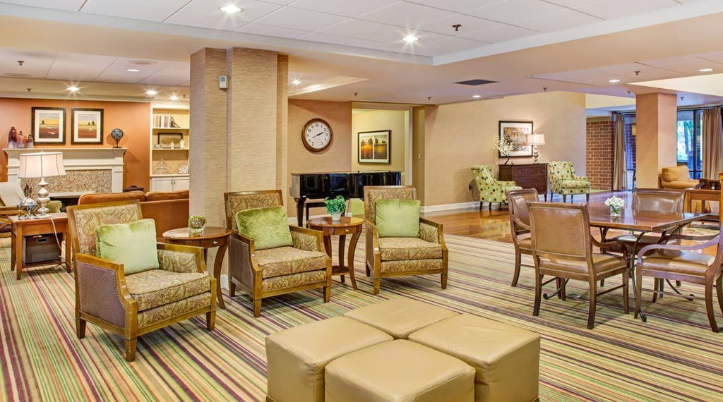 A cozy lobby with comfortable seating and modern decor.