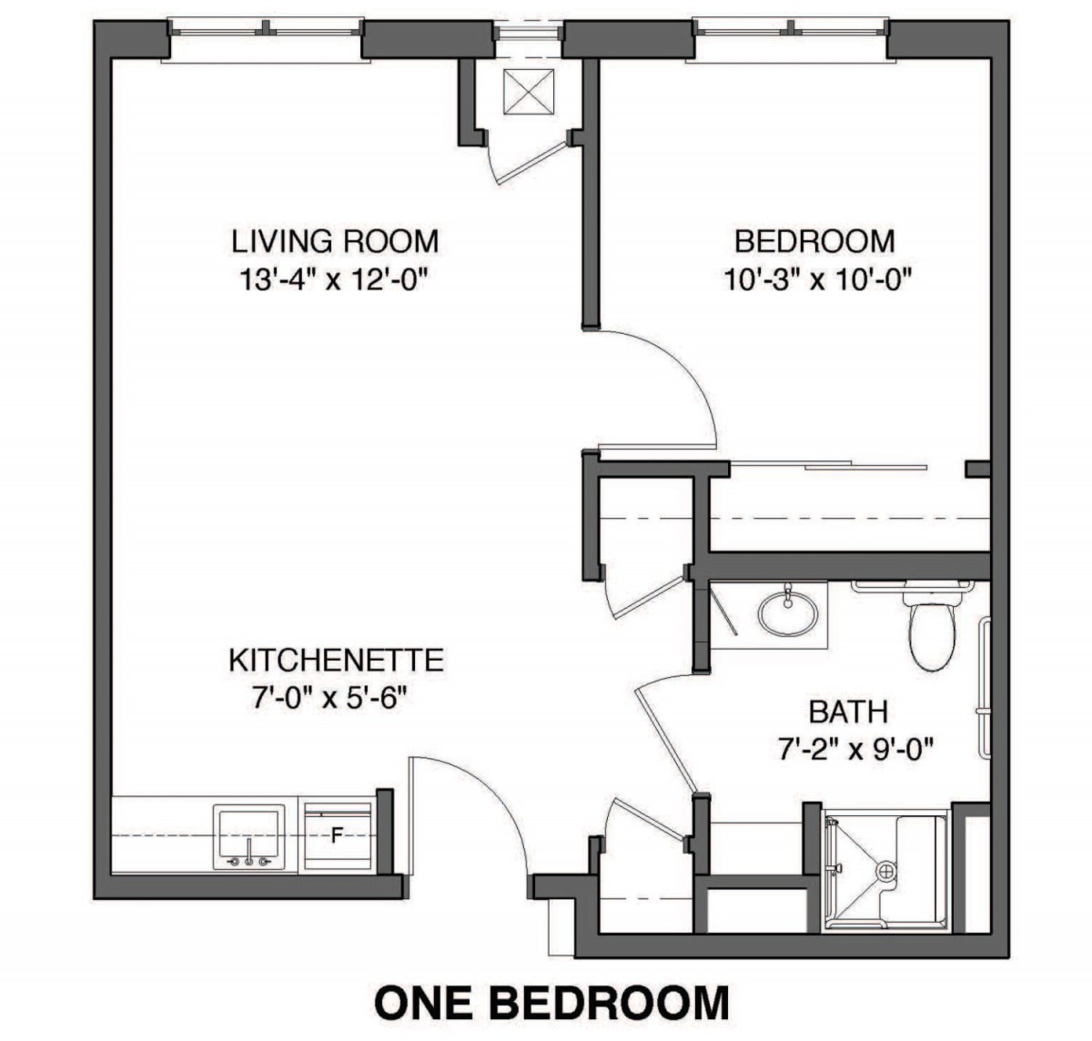 A one-bedroom apartment floor plan showing a living room, kitchenette, bathroom, and bedroom.