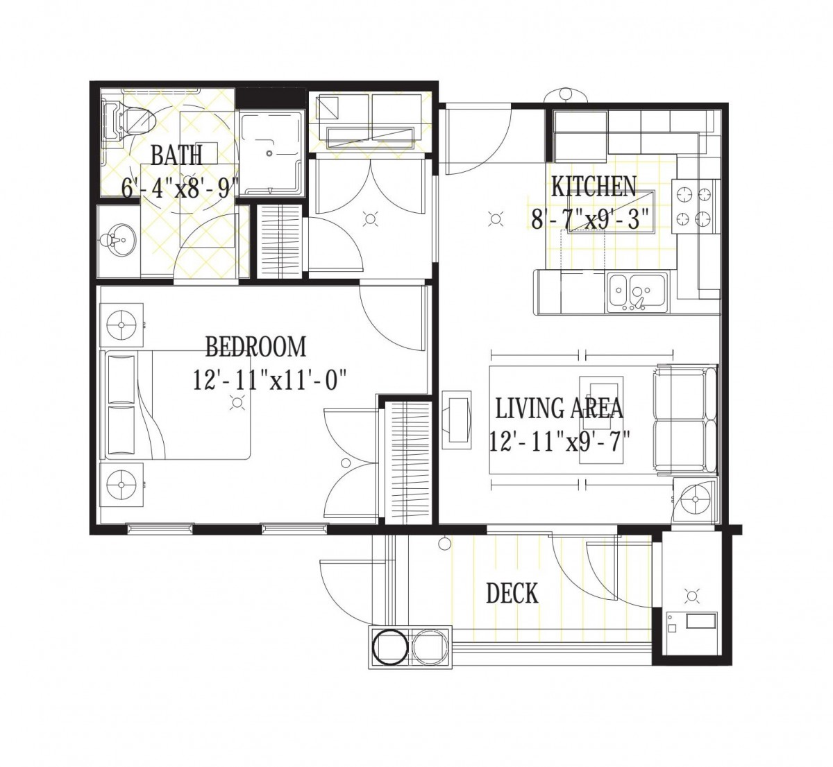 A compact one-bedroom apartment floor plan featuring a kitchen, living area, bathroom, and deck.