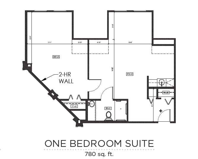 Floor plan of a one-bedroom suite measuring 700 sq ft.