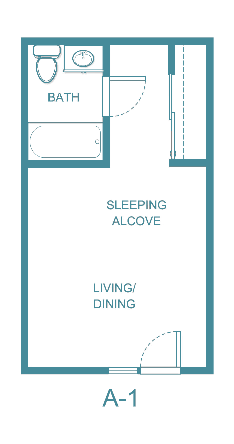 Floor plan of a studio apartment featuring a living/dining area and sleeping alcove.