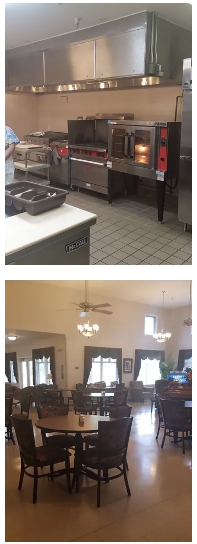 A commercial kitchen setup with stainless steel appliances and a spacious home interior featuring ceiling fans and large windows.