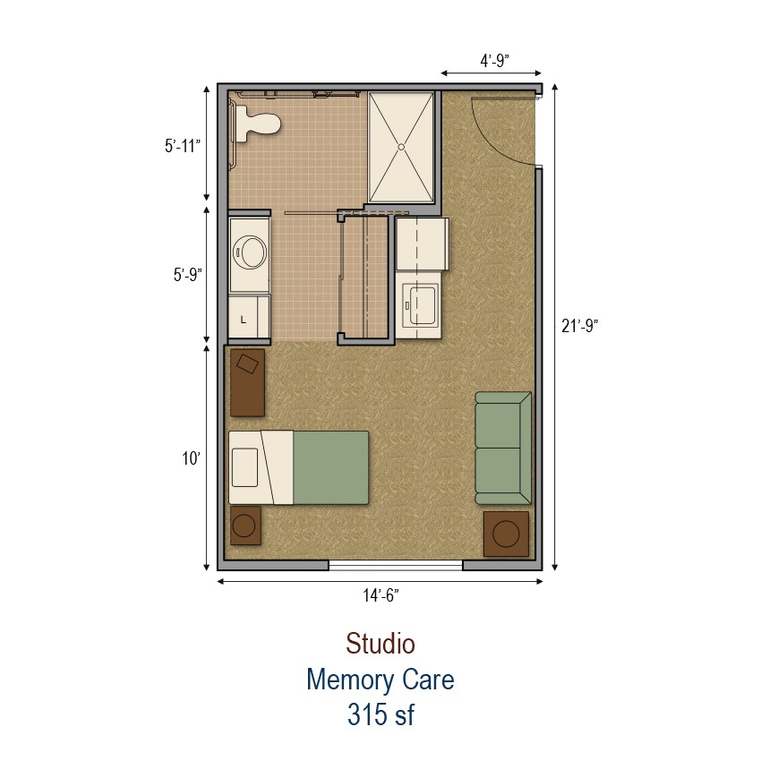 Studio Memory Care Floor Plan - 315 square feet.