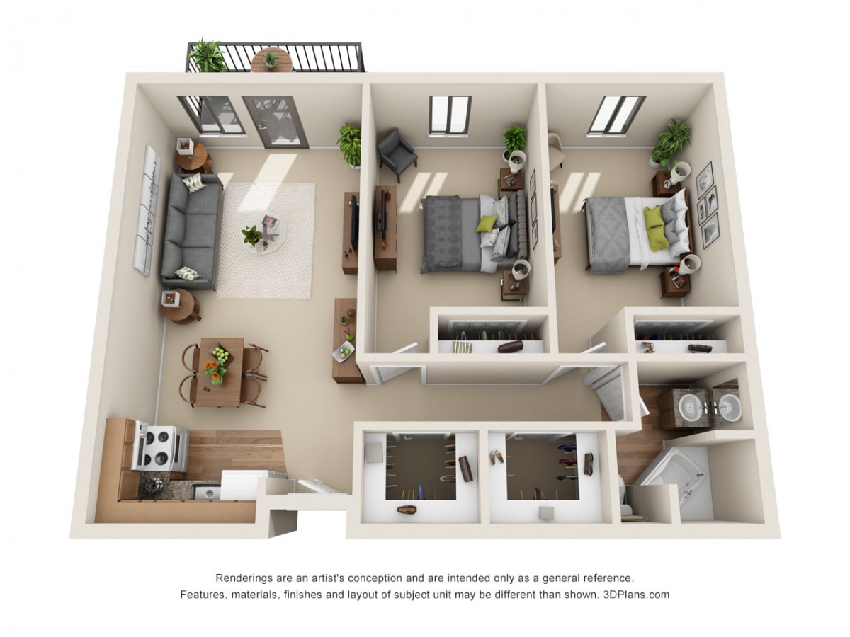 A detailed floor plan of a two-bedroom apartment showcasing furniture placement and interior layout.