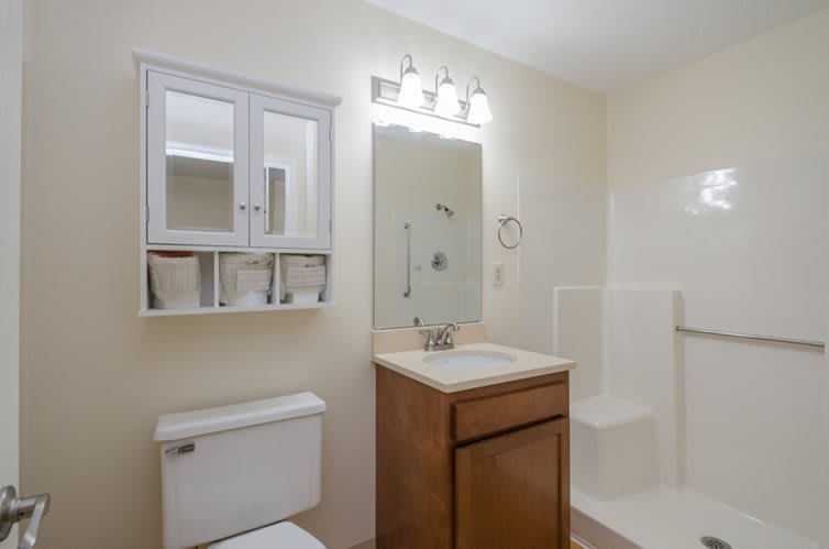 A clean and modern bathroom with a mirror, sink, toilet, and shower.