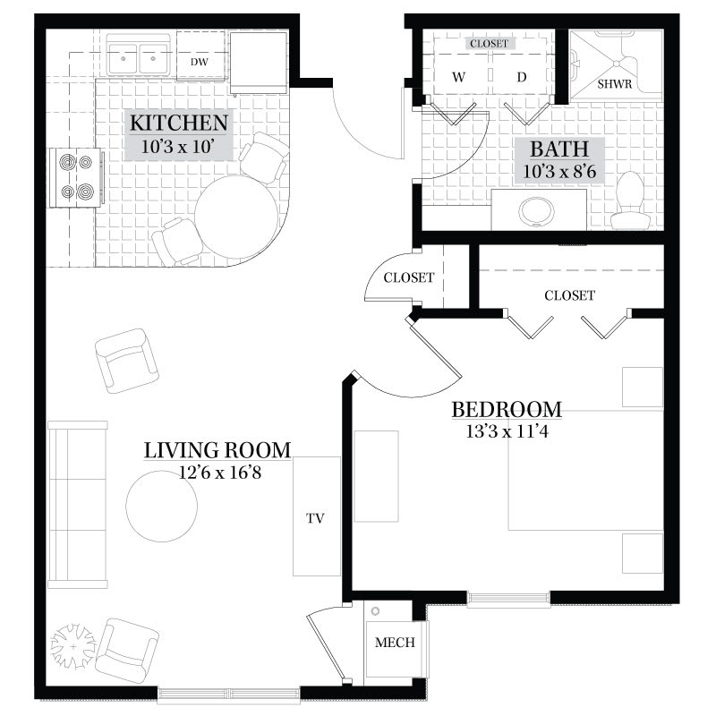A floor plan of a one-bedroom apartment featuring a kitchen, living room, bedroom, and bathroom.