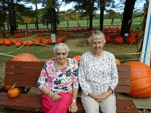 Two elderly women sitting on a bench in a pumpkin patch.