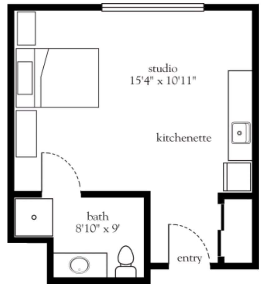A floor plan of a studio apartment with a kitchenette and bathroom.