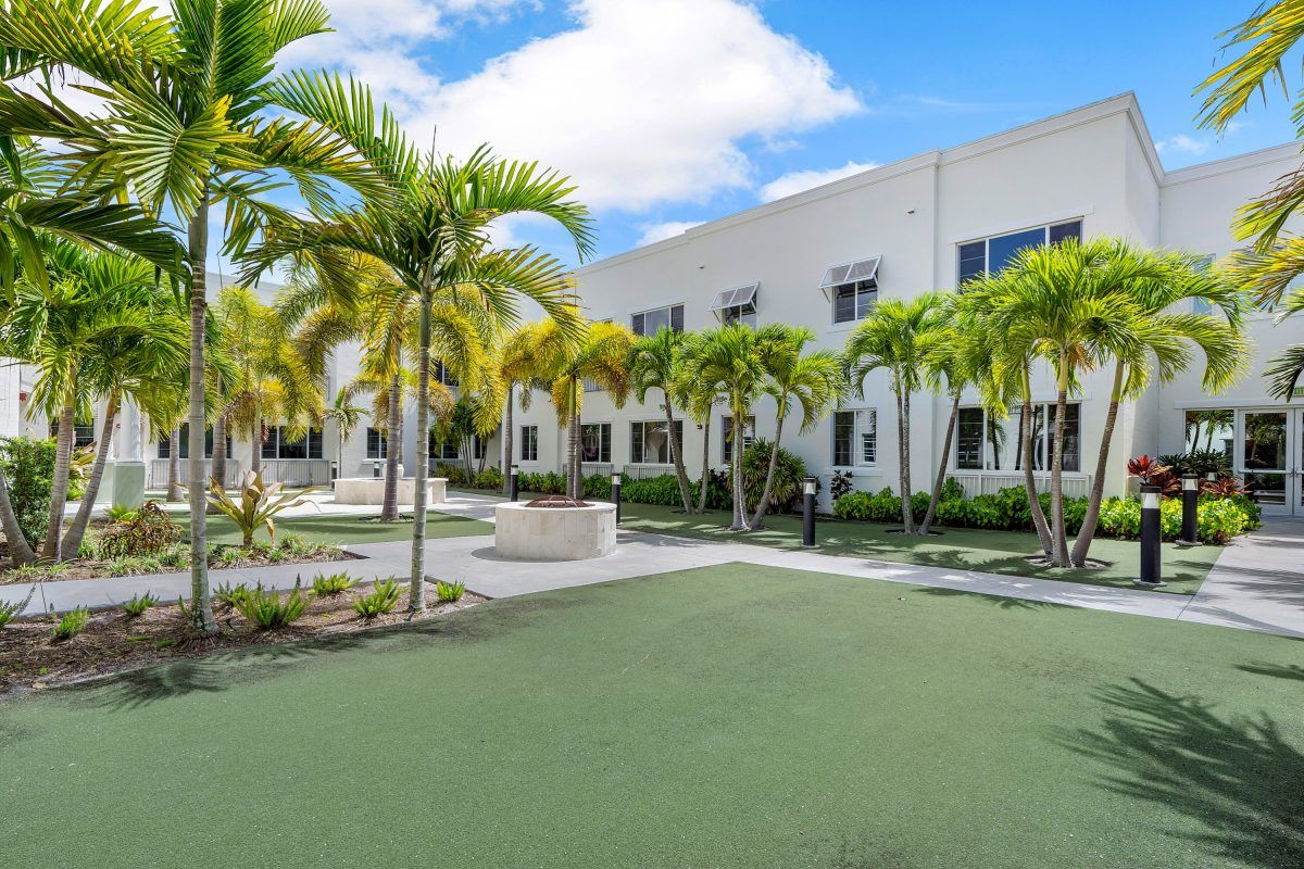 A modern school building with palm trees and a spacious outdoor area.