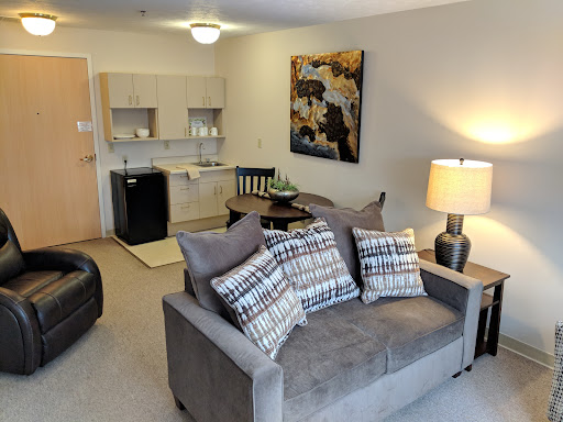 A cozy living room setup featuring a gray couch with decorative pillows, a small dining area, and a kitchenette.