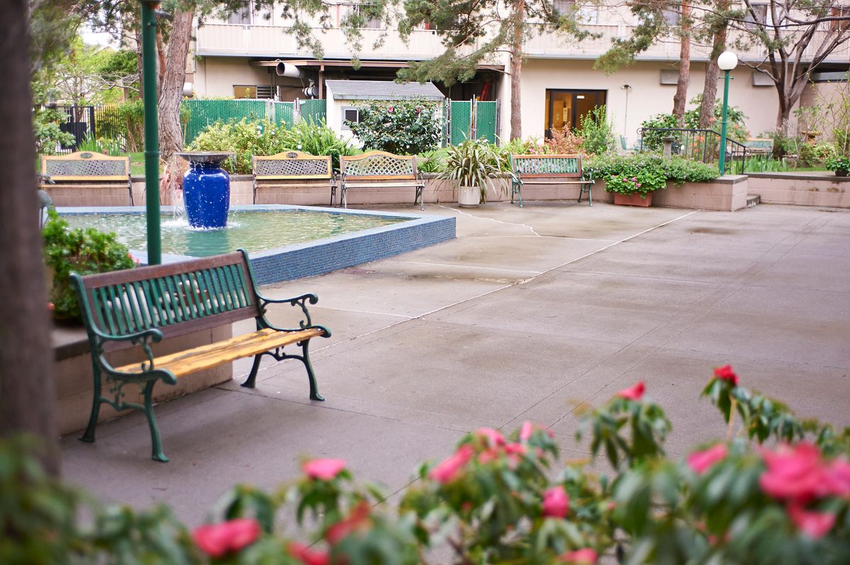A peaceful urban garden with benches, a fountain, and blooming flowers.