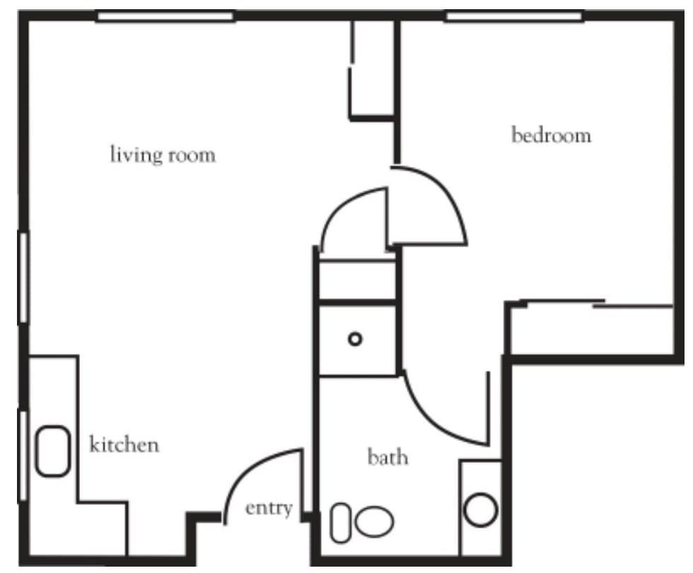 A floorplan of a one-bedroom apartment with labeled rooms.
