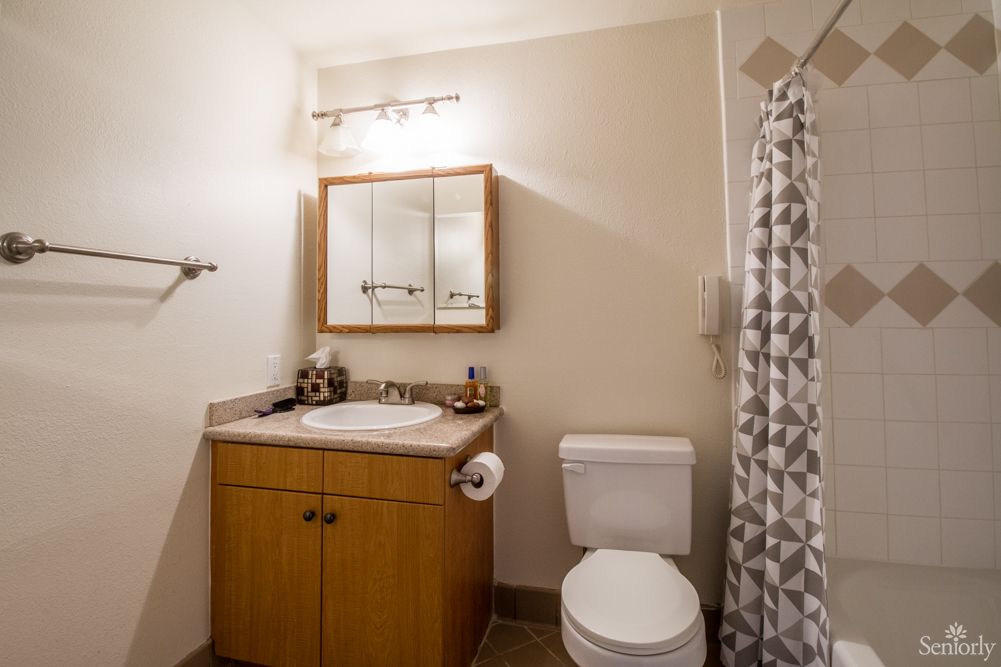 A small bathroom featuring a sink with a wooden cabinet, a mirror, and a toilet beside a shower with a patterned curtain.