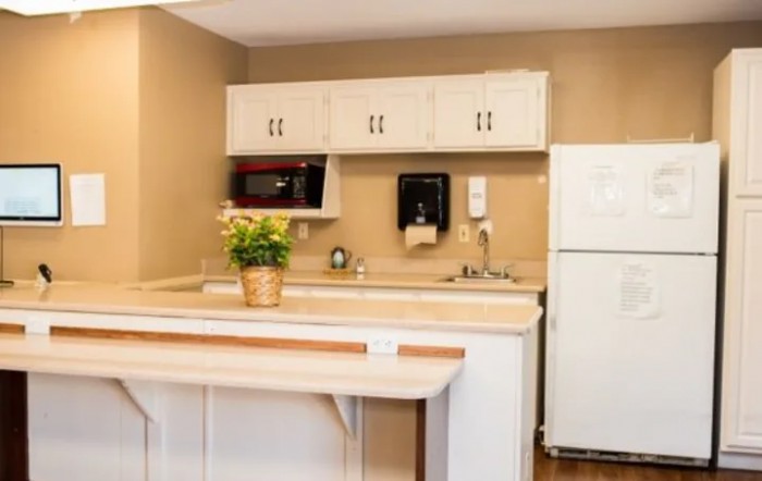 A small kitchen area featuring a refrigerator, microwave, sink, and cabinets with a potted plant on the countertop.