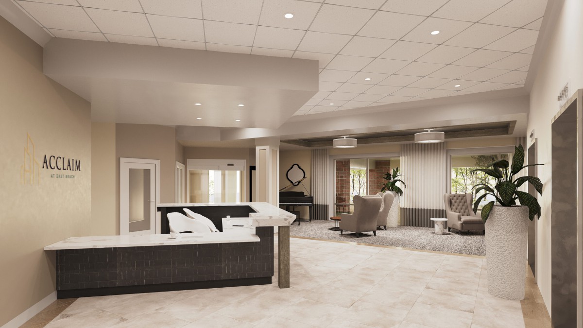 A modern reception area with stylish furniture and contemporary design.