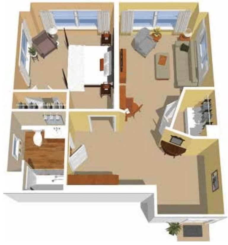 3D floor plan of an apartment showing rooms and furniture layout.