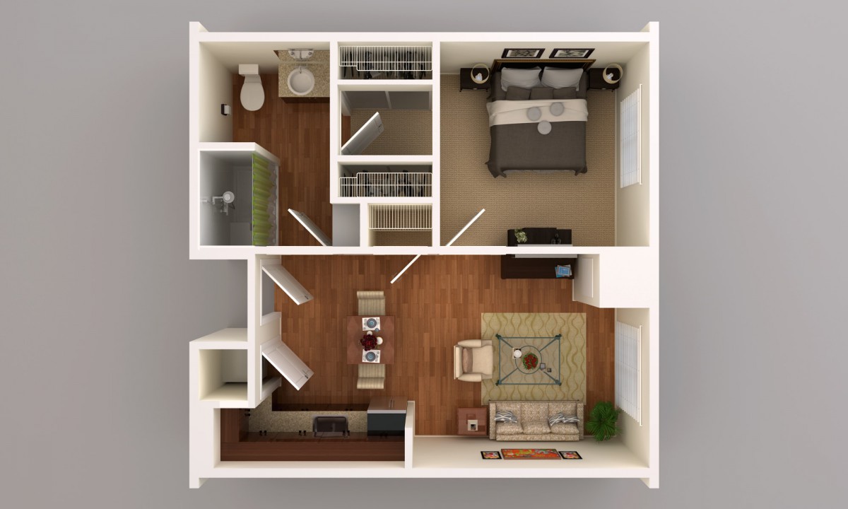 A 3D floor plan of a one-bedroom apartment featuring a bedroom, bathroom, living room, and kitchen.