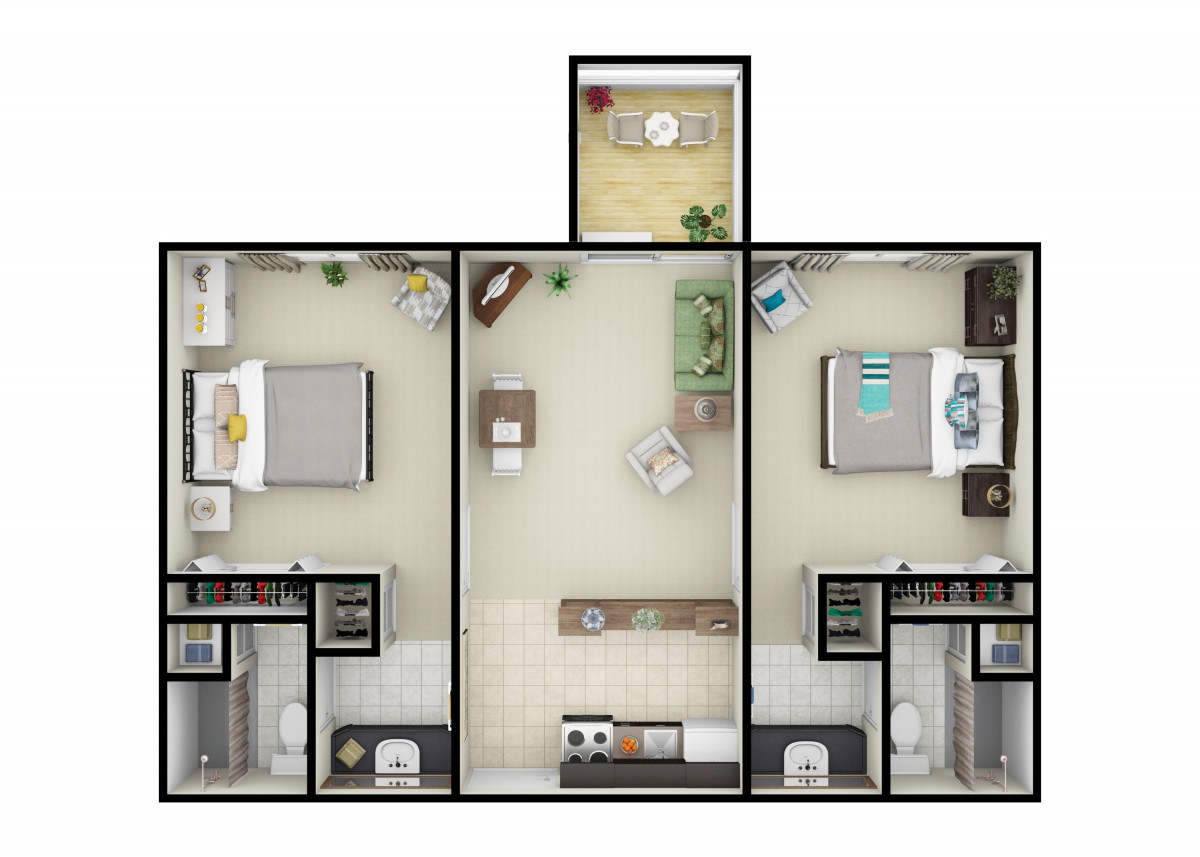A detailed floor plan of an apartment featuring two bedrooms, a kitchen, a living room, and bathrooms.