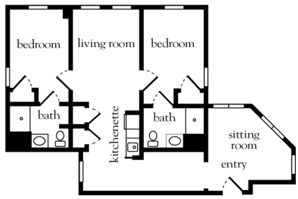 A floor plan illustrating the layout of a small apartment with rooms labeled as living room, bedroom, kitchenette, and bathrooms.