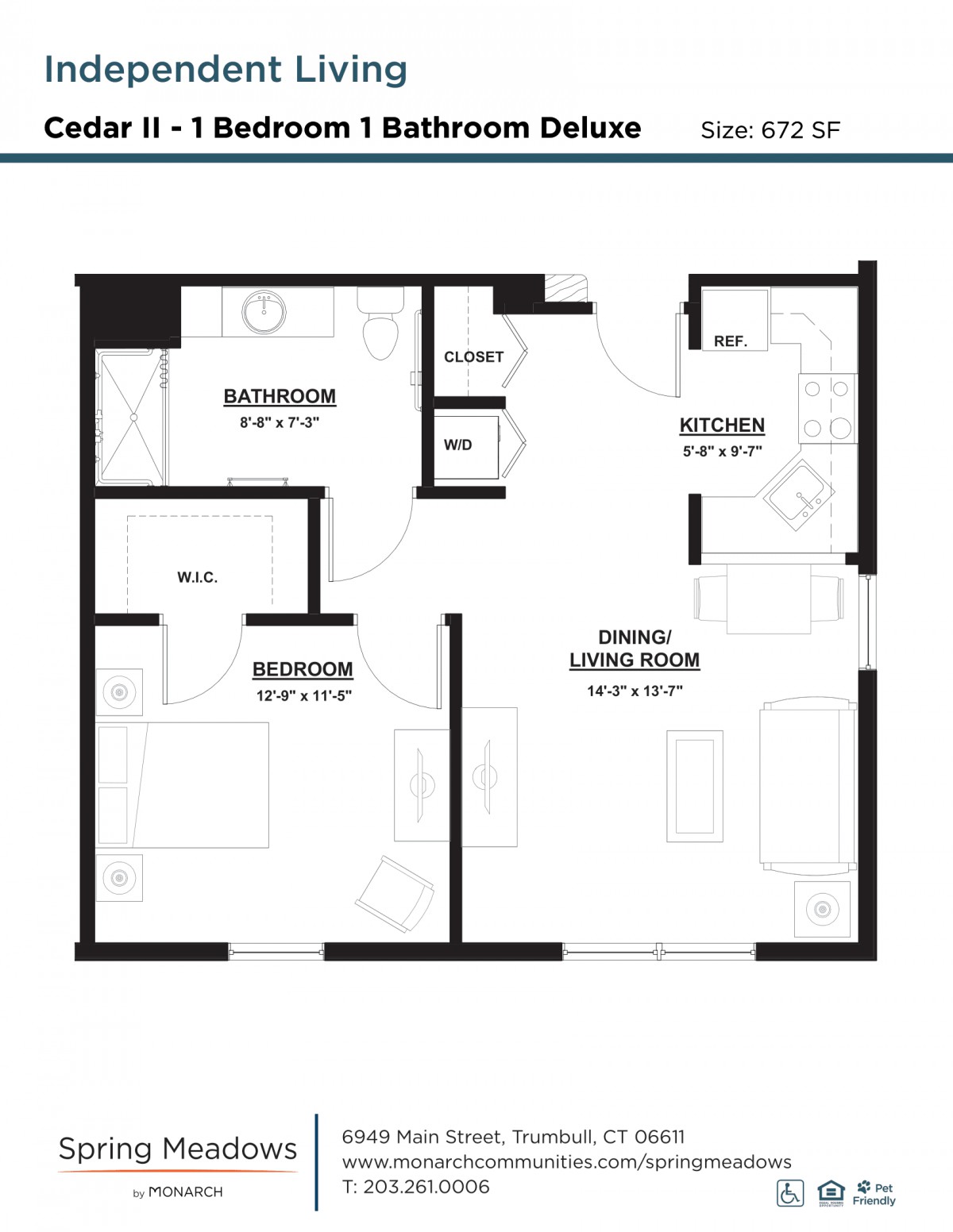 A two-bedroom, one-bathroom apartment floor plan with a living and dining area.