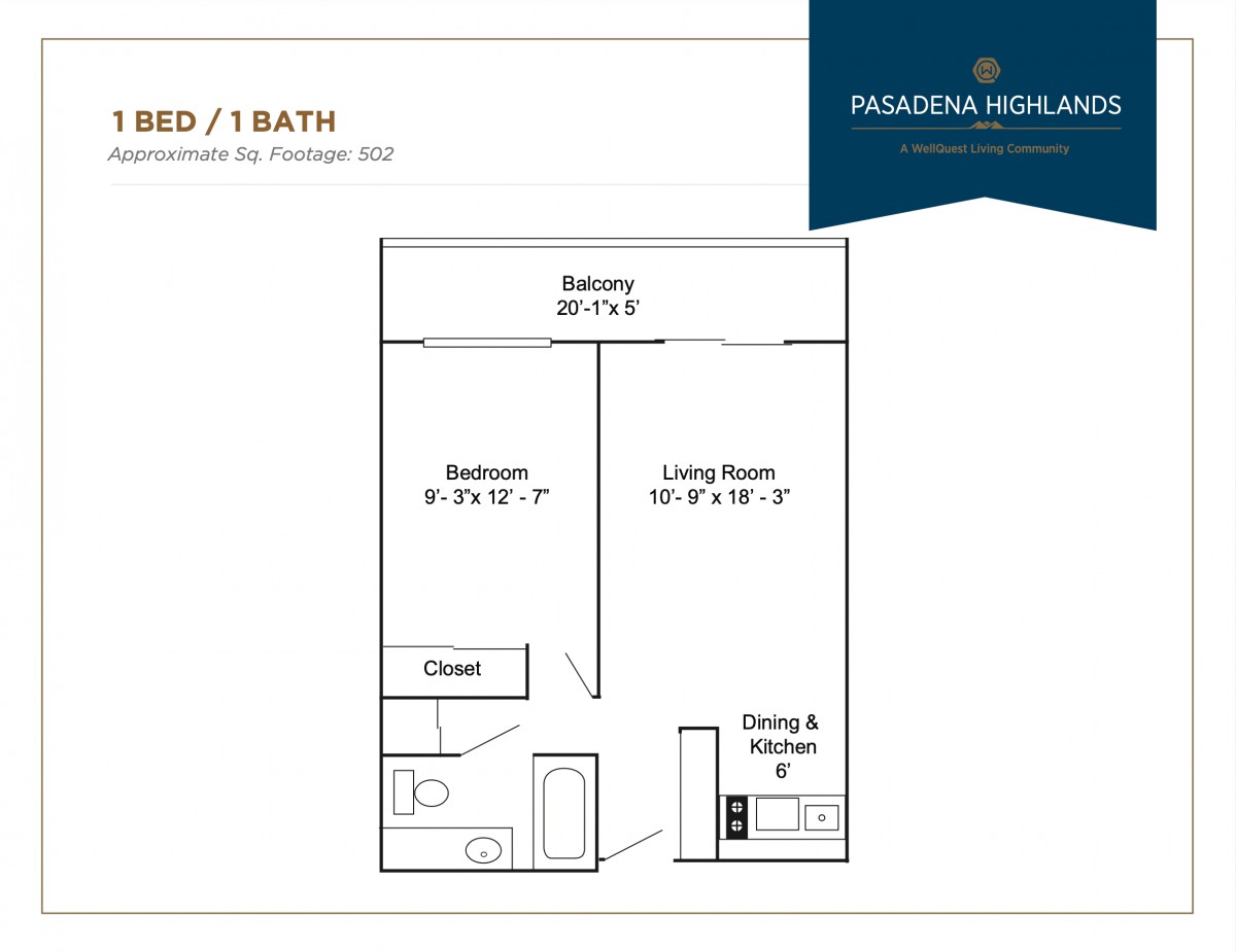 A floor plan of a one-bedroom, one-bathroom apartment at Presidente Roca, featuring a living room, dining and kitchen area, and a balcony.