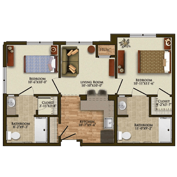 A 3D floor plan of an apartment featuring two bedrooms, a living room, a kitchen, and two bathrooms.