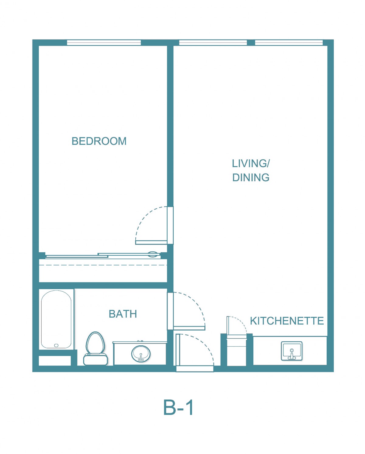 A floor plan of a small apartment with one bedroom, a bathroom, a living/dining area, and a kitchenette.