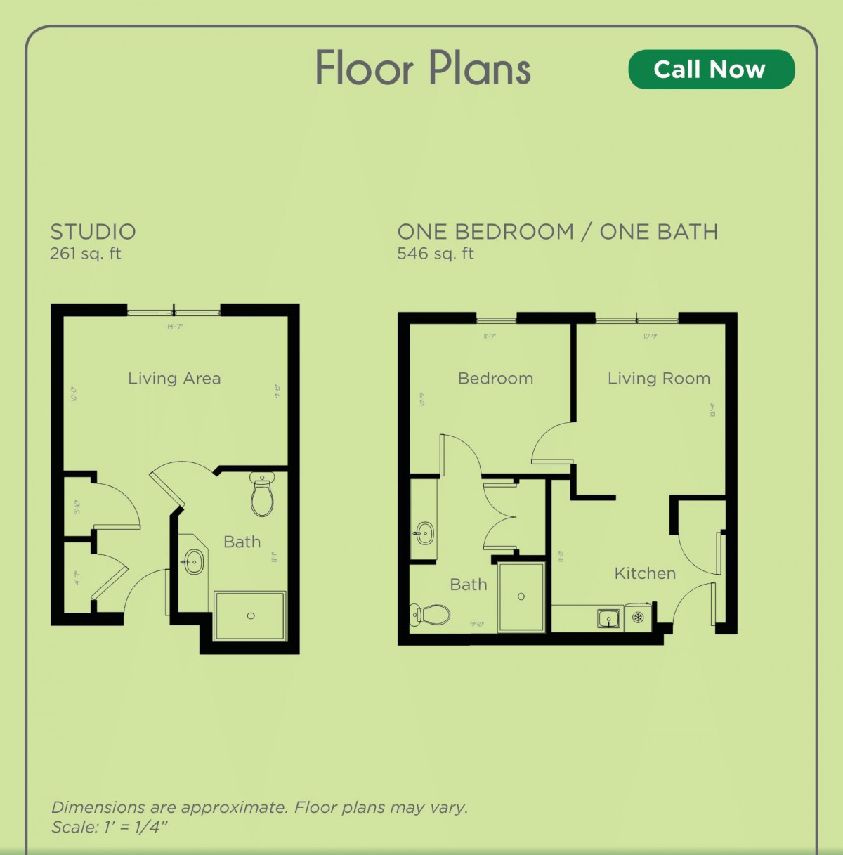 Floor plans showing a studio and one-bedroom apartment layout.
