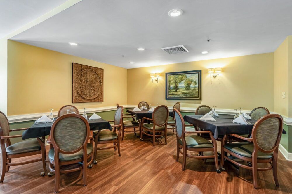 A cozy restaurant dining area with neatly arranged tables and elegant decor.