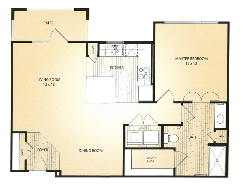 A detailed floor plan of an apartment featuring a living room, dining area, kitchen, bedroom, bathroom, and balcony.