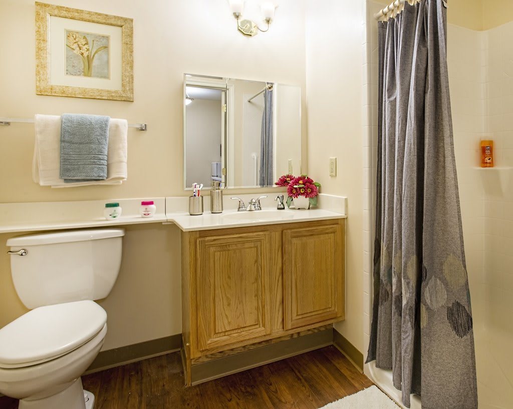 A small bathroom featuring a mirror, sink, and toilet with decorative accents.