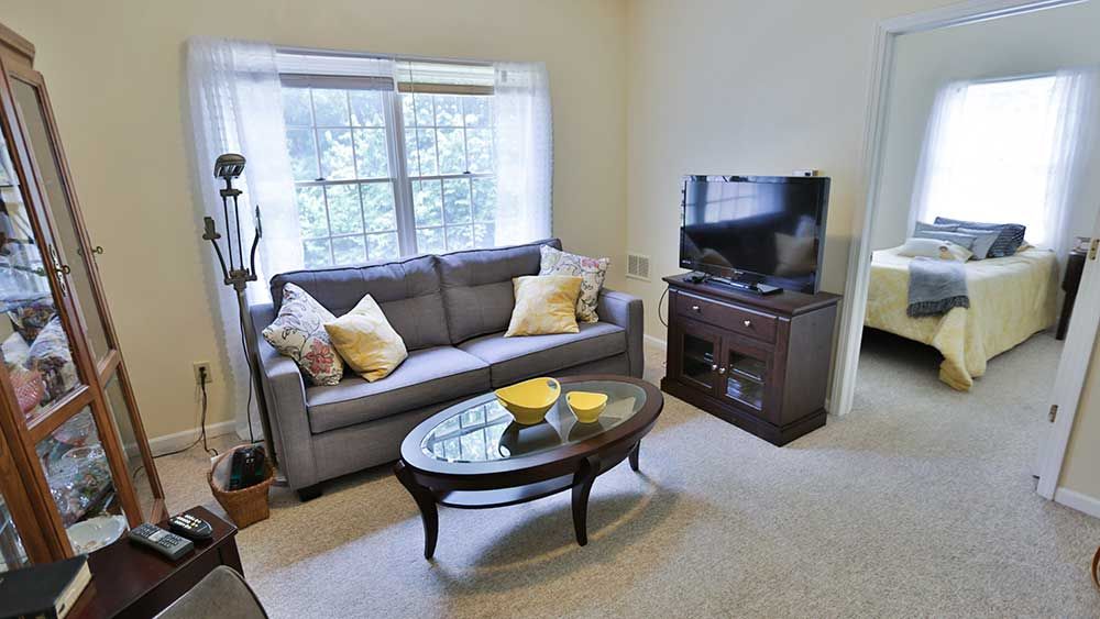 A cozy living room with a gray sofa, adorned with yellow and white cushions, facing a TV on a wooden stand. A glass-topped coffee table is placed in front of the sofa, with decorative bowls on top.