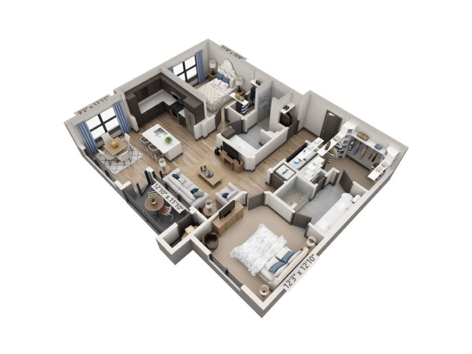 A 3D floor plan of a modern apartment showcasing room layout and furniture arrangement.