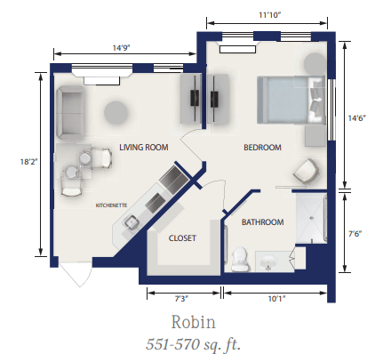 A floor plan of a one-bedroom apartment measuring 552-570 square feet, featuring a living room, bedroom, bathroom, and closet.