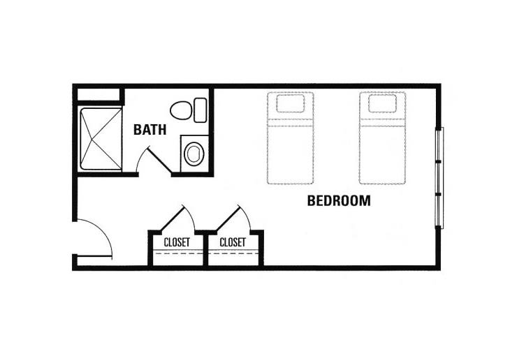 A simple floor plan featuring a bedroom with two beds, a bathroom, and closets.