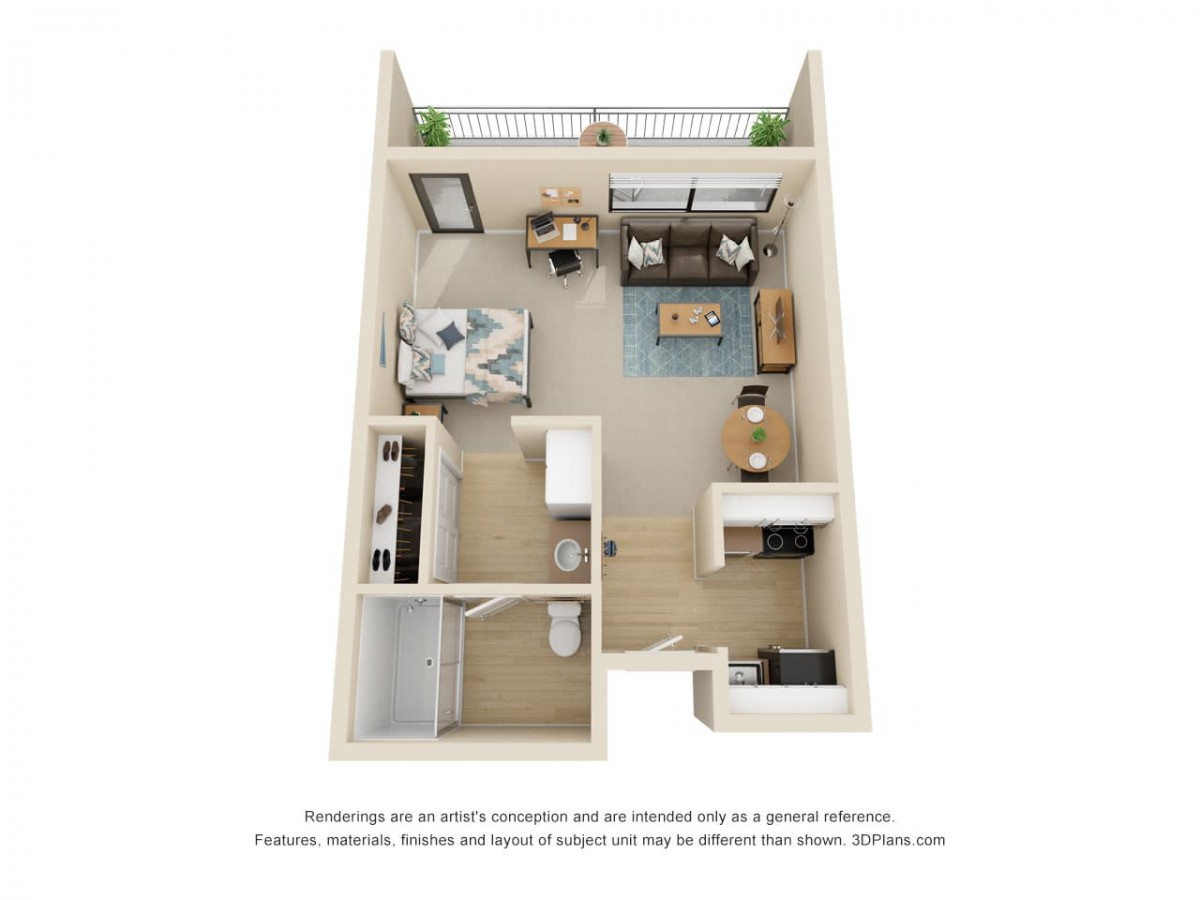 A 3D floor plan of a one-bedroom apartment featuring a living room, kitchen, and bathroom.