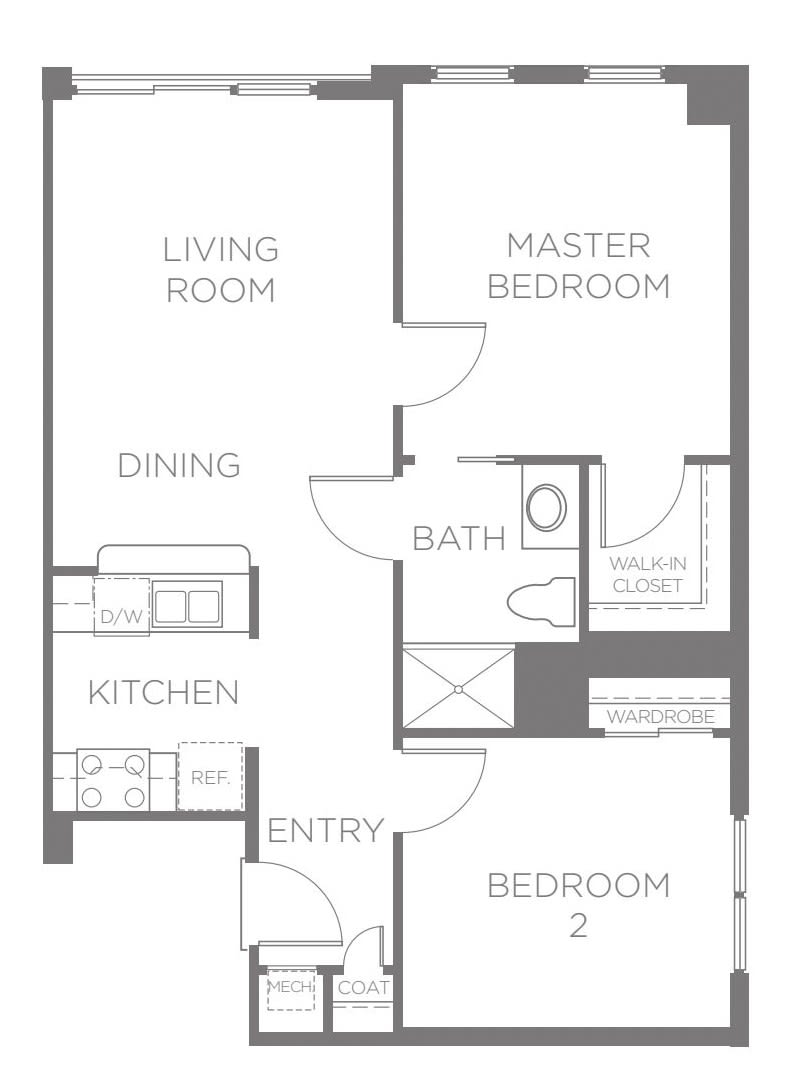 Floor plan of a two-bedroom apartment layout with living room, dining area, kitchen, bathroom, and entryway.