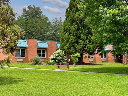 A serene view of a school building surrounded by lush greenery and a clear blue sky.