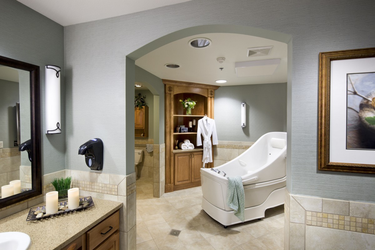 A luxurious spa bathroom featuring a large bathtub and elegant decor.
