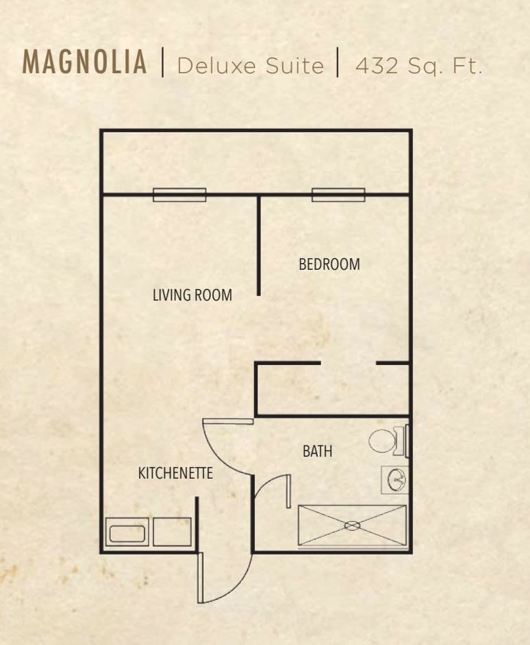 Floor plan of the Magnolia Deluxe Suite, measuring 432 square feet.