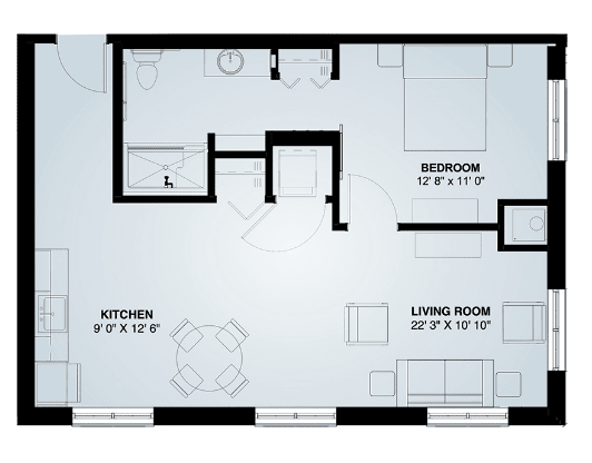 A floor plan of a one-bedroom apartment featuring a kitchen, living room, and bathroom.