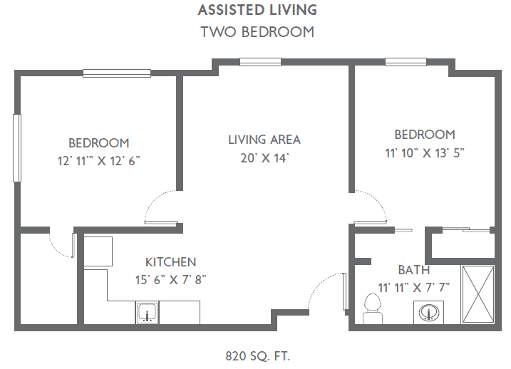 Two-bedroom assisted living apartment floor plan with labeled dimensions.