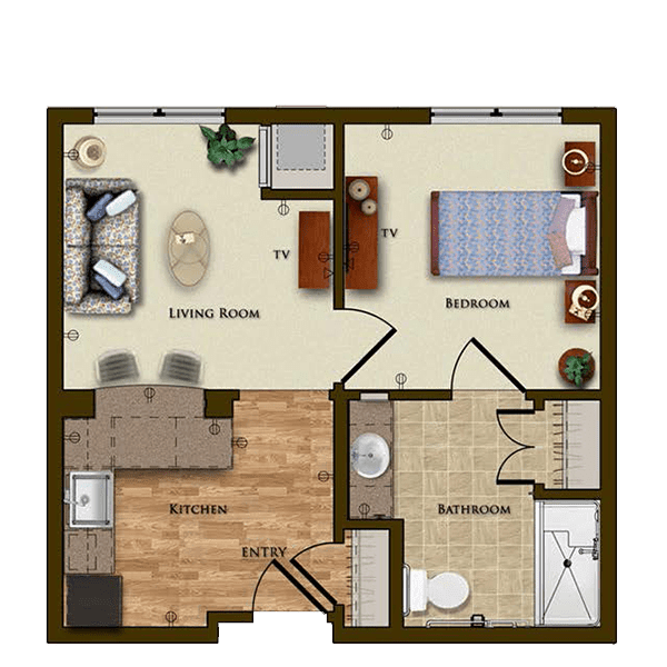One-bedroom apartment floor plan with living room, kitchen, and bathroom.