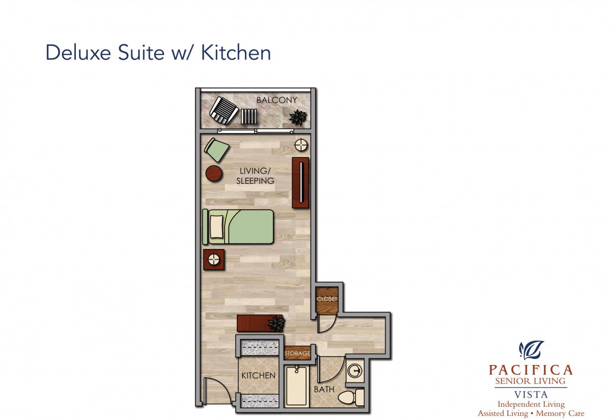 Floor plan of a studio suite with kitchen, featuring a living area, bed, and bathroom.