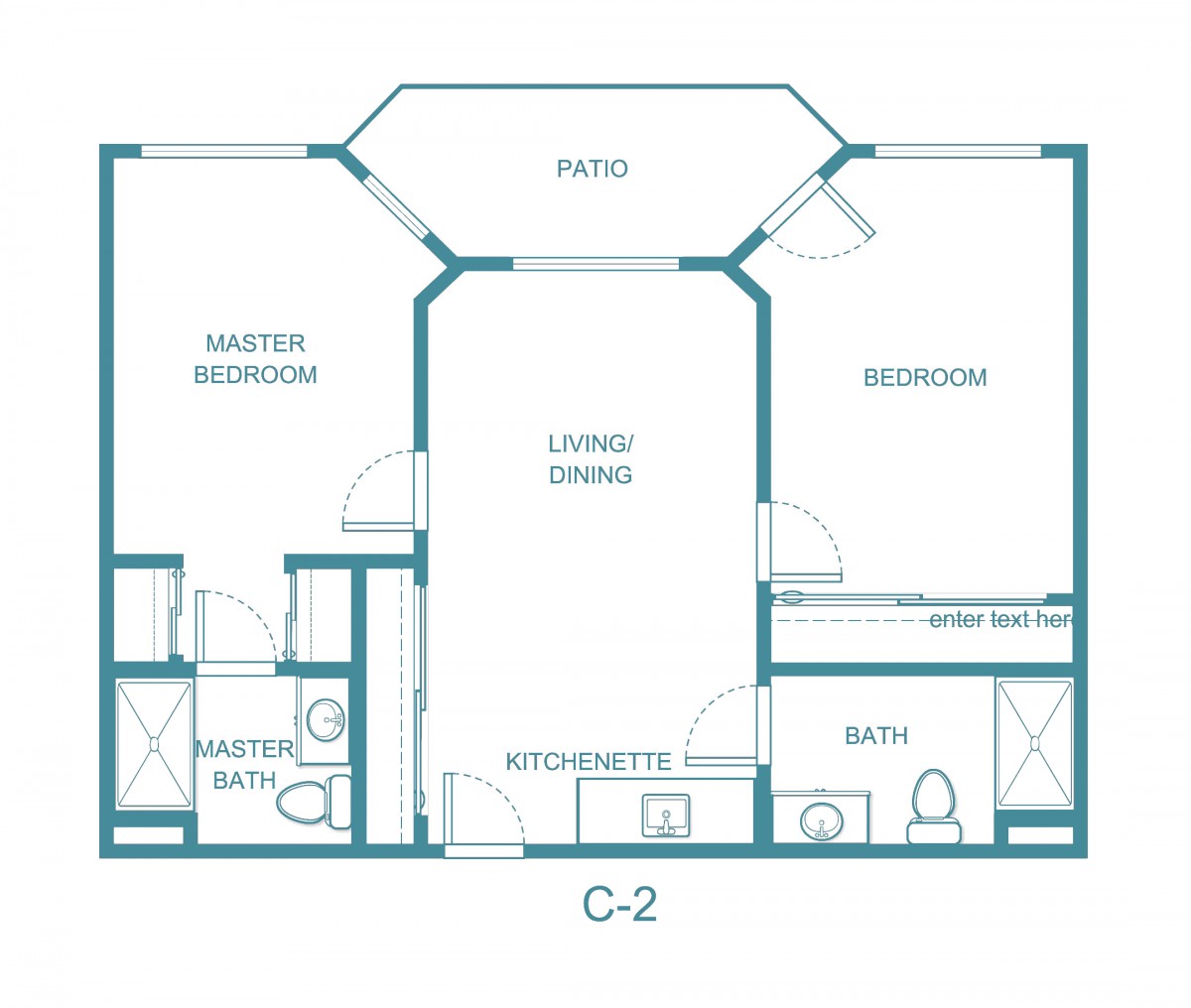 A blueprint of an apartment featuring two bedrooms, two bathrooms, a kitchen, and a living/dining area with a patio.