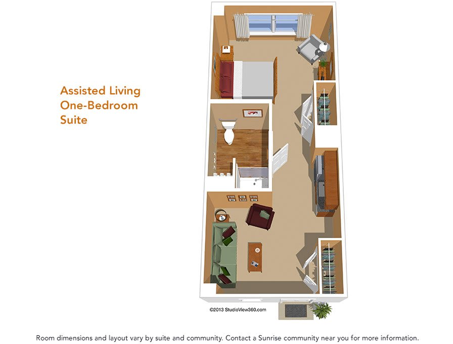 Floor plan of an assisted living one-bedroom suite, showing the layout and arrangement of rooms.